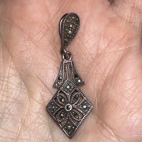 Sterling Silver Marcasite MO 925 Dangle Charm Pendant Signed Diamond Shape - Picture 1 of 9